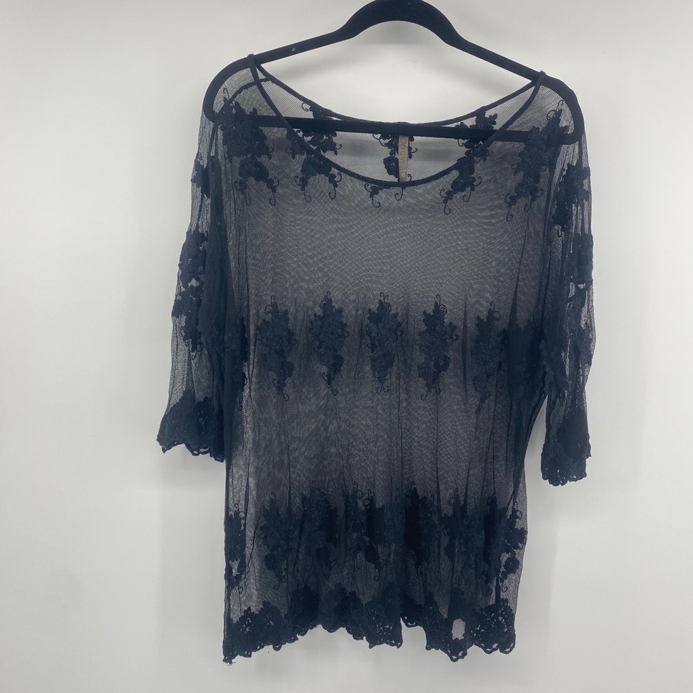 XCVI Mesh Lace Top Womens XS Black Sheer Floral Embroidered Whimsigoth